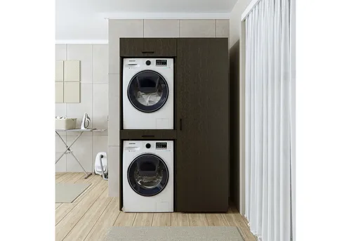 Roomart Waschmaschinenschrank für Trockner auf Waschmaschine - 112 cm - Praktischer Waschmaschinenschrank für Ihre Wäsche. Mit Klappschrank, Hochschrank und ausziehbarem Brett für zusätzlichen Stauraum. Robuste Bauweise und einfache Montage.