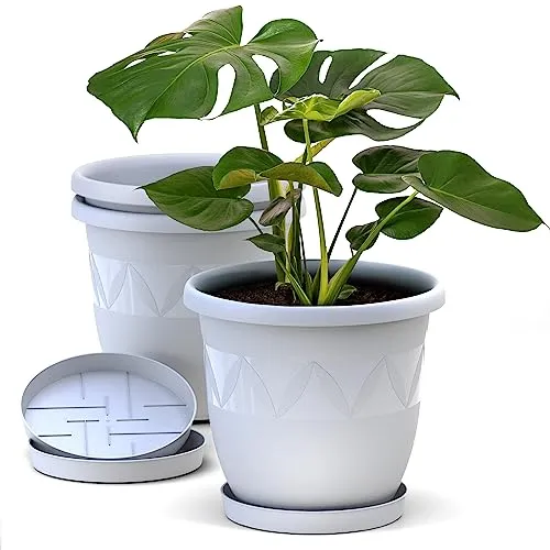 Plastard Blumentopf 3er Set 15 cm Durchmesser Weiß runder Pflanzkübel mit Untersetzer aus Kunststoff witterungsbeständiger Übertopf großer Pflanztopf Kräutertopf für Innen und Außen