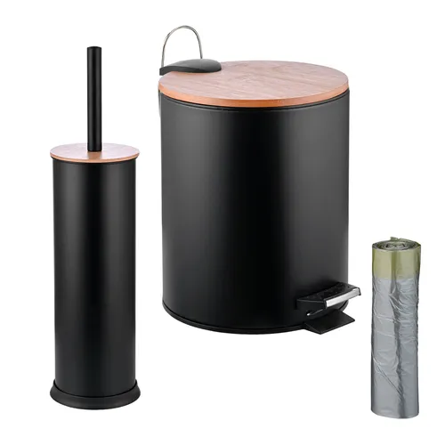 Relaxdays Bad Set, Mülleimer & Klobürste in Schwarz/Natur - Praktisches Bad Set mit Kosmetikeimer und WC-Bürste für optimale Hygiene. Der Mülleimer mit Absenkautomatik sorgt für geräuschloses Schließen. Die stilvolle Kombination aus Metall und Bambus passt perfekt in moderne Badezimmer.