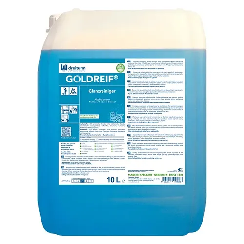 Dreiturm Goldreif Glanzreiniger 10 L - 5fach-Konzentrat für streifenfreie Reinigung - Alkoholreiniger für alle wasserfesten Oberflächen, keine Nachwischen nötig – spart Zeit und sorgt für strahlenden Glanz!