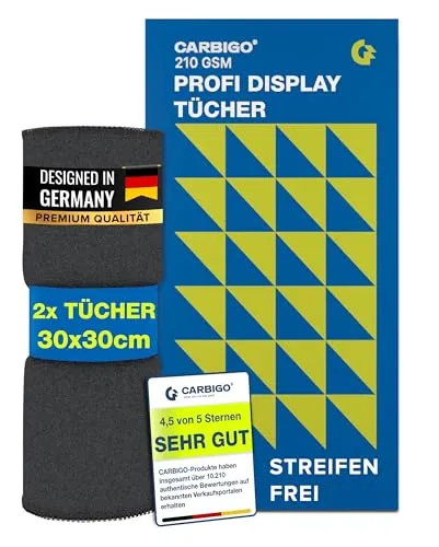 Carbigo® 210 GSM Profi Mikrofasertuch – Streifenfreie Reinigung, Brillen, Bildschirmen – Fusselfreies & weiches Microfasertuch – Innovatives Poliertuch Display 30x30cm (2x)
