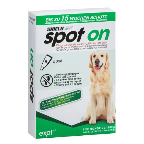 ShieldOn Spot On Floh- und Zeckenschutz für große Hunde - 5 x 3ml - Ungezieferschutz: Effektiver Schutz gegen Flöhe und Zecken, speziell für große Hunde entwickelt.