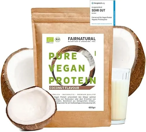 FAIRNATURAL Vegan Protein-Pulver BIO Kokos - 600g Premium Eiweißpulver - Erbsenproteine ohne Soja, ideal für Muskelaufbau und Low Carb Diäten, mit echtem Bio Kokosgeschmack und nachhaltig verpackt.