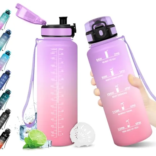 Trinkflasche 1.5L, Auslaufsicher, BPA-frei, Sport Wasserflasche, Trinkflasche mit Filter und Zeitmarkierung, Ideal für Gym, Yoga, Camping, Fahrrad, Schule, Büro, Erwachsene, Kohlensäure geeignet