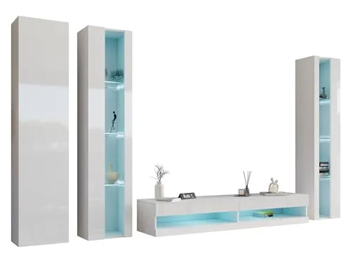 Wohnwand Vigo New VI - Modernes Design Set mit LED Beleuchtung - Elegante Wohnwand für stilvolles Wohnen. Hochglanzfronten und grifflose Türen bieten eine moderne Optik. Ideal für die Aufbewahrung von Unterhaltungselektronik und schafft eine ansprechende Atmosphäre.