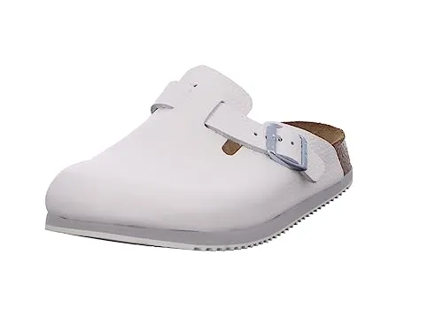 BIRKENSTOCK Superlauf-Arbeitsschuh Boston Naturleder, Weiß, 44 EU - Hausschuhe mit anatomisch geformtem Kork-Latex-Fußbett und rutschhemmender Gummisohle für optimalen Halt und Stabilität. Ideal für lange Arbeitstage!