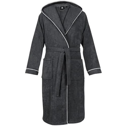 Laynenburg Herrenbademantel mit Kapuze – 100% Baumwolle, grau XL - Herren-Bademantel aus weichem Walkfrottee, warm und kuschelig, ideal für entspannte Stunden zuhause. Mit praktischen Fronttaschen und Gürtel.
