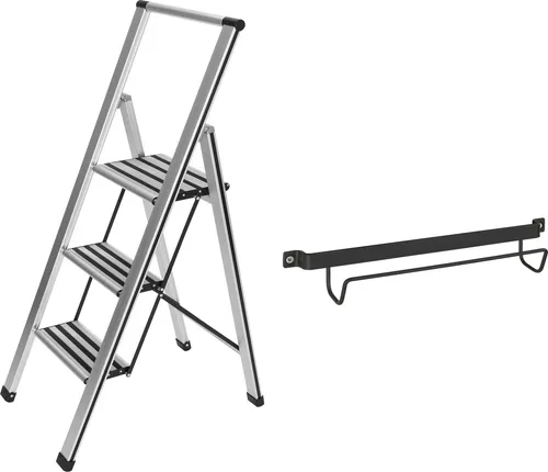 WENKO Trittleiter Alu-Design (2-St) - Stabile Klapptritt Leiter - Leitern, rutschsicher und bis 150 kg belastbar, ideal für sicheres Arbeiten in Ihrem Zuhause.