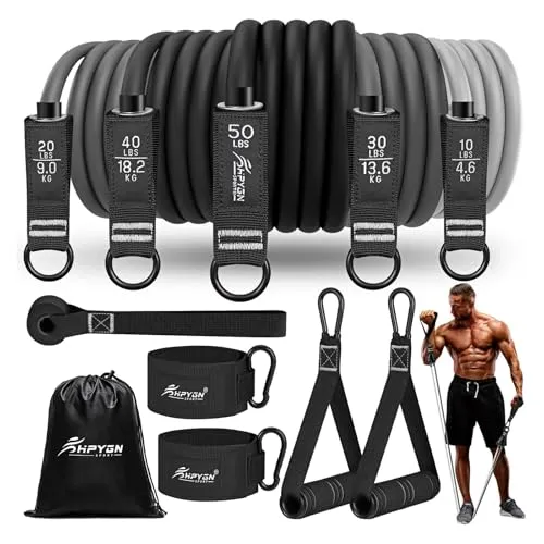 HPYGN Fitnessbänder Resistance Bands Set, 150lb Widerstandsbänder mit Türanker, Griffen, Knöchelriemen, 5 Widerstandsstufen, Tragbar, Ideal für Krafttraining, Pilates, Physiotherapie für Männer Frauen