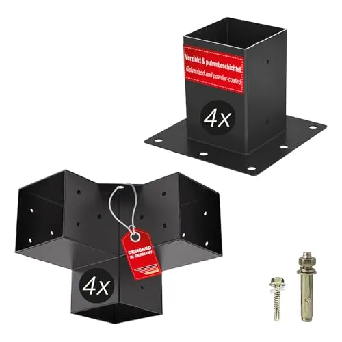 Sotech Holzverbinder / Bodenanker Vierkant, Stahl Verzinkt Und Schwarz Pulverbeschichtet Für Höchsten Korrosionsschutz, Aufbau Set 8-tlg (4x Eckverbinder + 4x Bodenhülse)