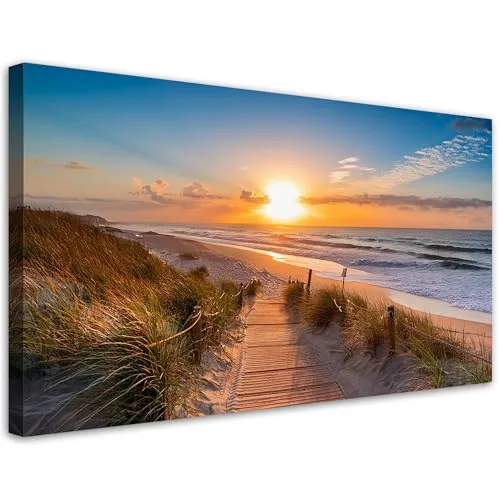 Feeby Leinwandbild - Bilder Wohnzimmer - Sonnenuntergang am Strand - 80x40 1tlg - Deko Schlafzimmer - Wanddekoration - Aesthetic - Groß Moderne Bild - Foto auf Leinwand