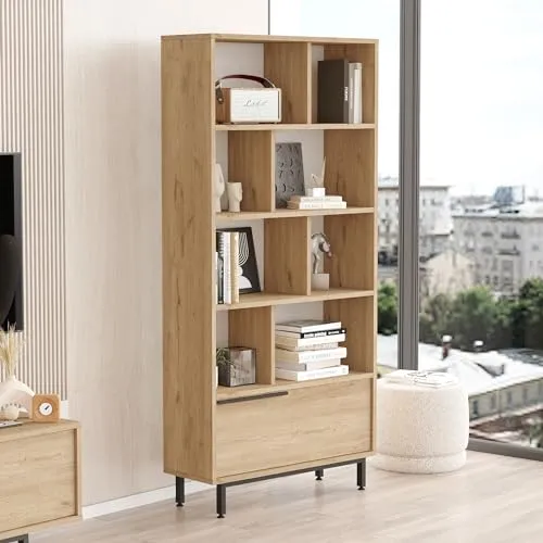 [en.casa] Bücherregal Fajaarire - Offener Bücherschrank mit 9 Ablagefächern - Bücherregal in Eichenoptik mit 9 Fächern, ideal für stilvolle Ordnung und Präsentation in Wohnzimmer oder Büro. Pflegeleicht und robust für langanhaltende Nutzung.