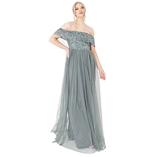 Maya Deluxe Damen Maya Deluxe Women's Bardot for Women Maxi Embellished Hight Empire Waist Sleveless Tulle W Bridesmaid Dress, Misty Green, 50 EU