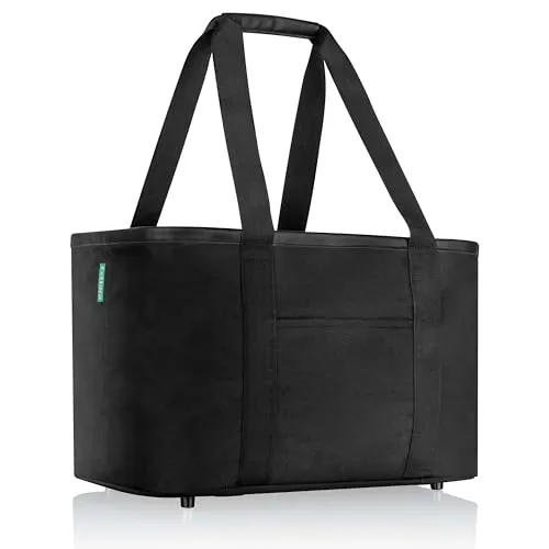 COTTARA® Faltbare Einkaufstasche groß mit verstärktem Boden und bequemen PU Ledergriff einsetzbar als 30L Einkaufskorb faltbar, Tragetasche, Shopper oder Korb einkaufen schwarz 30 L