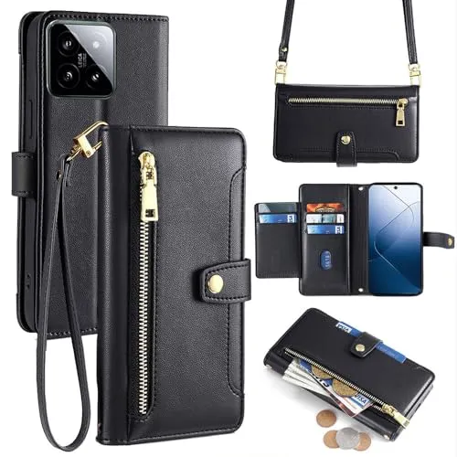 betterfon Handykette kompatibel mit Xiaomi 14 | Leder Handyhülle mit Kartenfächern | Handyhülle zum Umhängen | Schwarz
