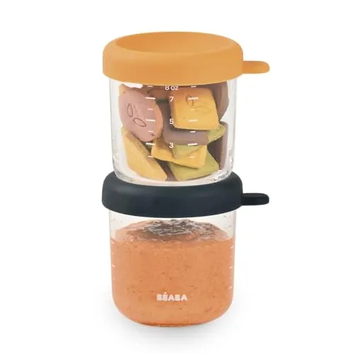 BÉABA - Aufbewahrungsbehälter für Babynahrung - Brei Einfrieren Behälter - Skalierung - Temperaturbeständig - Baby Essen Zubehör - Aufbewahrung Babys Kleinkinder - 2er Pack - 250ML - Nachtblau/Honey