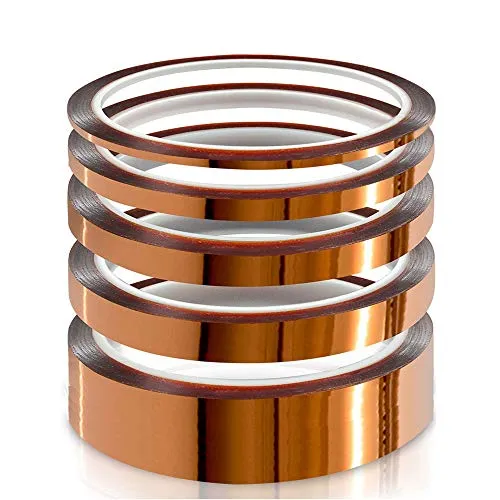 Produktbild YIXISI 5 Stücke Kapton Tape, Hohe Temp Tape, Hohen Temperaturen Hitzebeständig Klebeband, Polyimid Film Klebeband (3mm/6mm/8mm/12mm/25mm * 33m)