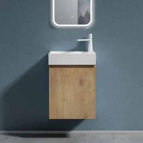 doporro Badmöbel-Set Pisa02 mit Waschbecken - Badmöbel-Set mit SoftClose-Funktion, stilvolle Wandmontage in Kerneiche für ein modernes Badezimmerdesign.