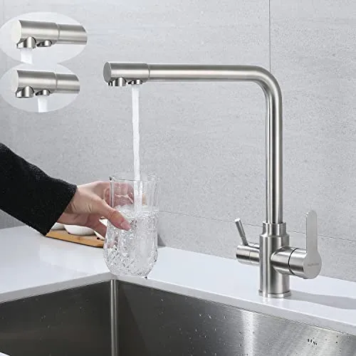 SkyPanda 3 Wege Küchenarmatur, Trinkwasser Wasserhahn mit Doppelhebel, Durchdringung 3-in-1, 360° drehbarer Mischer, mit 2-Auslässen, Edelstahl SUS304, Nickel Gebürstet