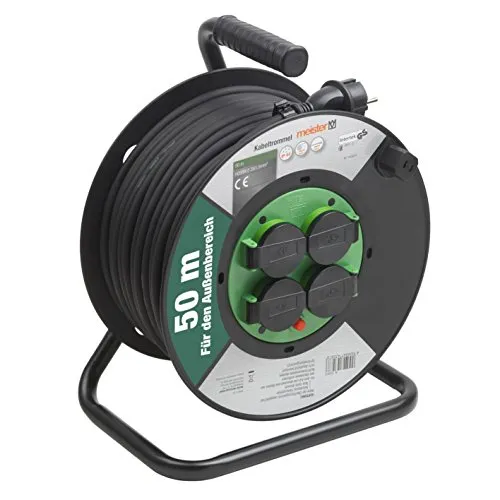 Meister Kabeltrommel H05RR-F3G1,5 - 50 m mit IP44 Schutz - Kabeltrommeln für den Außenbereich mit 4 Schuko-Steckdosen, IP44 Schutzklasse und Thermoschutz-Schalter für sicheres Arbeiten und maximale Mobilität.