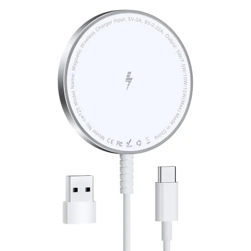 Mag-Safe Ladegerät für iPhone Ladestation: Starker Magnet Wireless Charger | für iPhone 17-12 & für AirPods, Alugehäuse gegen Überhitzung, Induktives kabelloses Ladepad mit USB-C auf A Adapter, 1 Stück