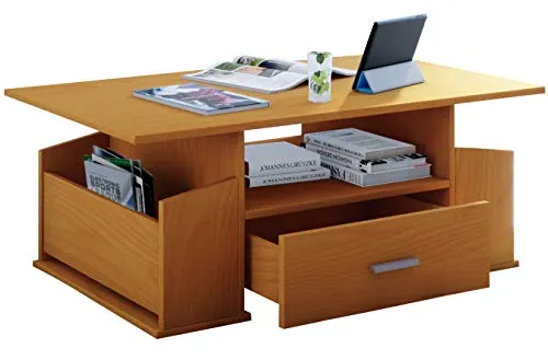 VCM Holz Couchtisch Junata Buche mit Stauraum - Beistelltisch für das Wohnzimmer, Maße: H. 44 x B. 110 x T. 52 cm, bietet praktische Schublade und Seitenfächer für zusätzlichen Stauraum.