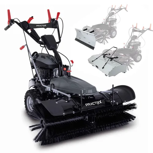 Practixx PX-KM-100 Kehrmaschine - 3in1 mit Schneeschild und Auffangbehälter - Kehrmaschine für große Flächen, 100 cm Kehrbreite, leistungsstarker 4,9 PS Motor, ideal zum Reinigen und Schneeräumen, mit höhenverstellbarem Handgriff und zuschaltbarem Radantrieb.