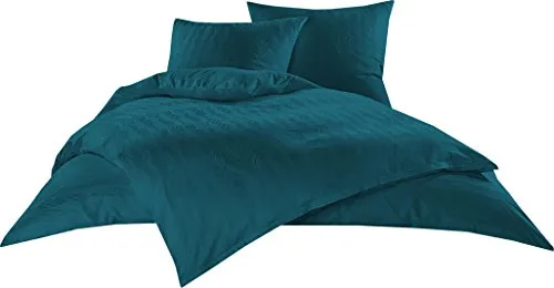 Bettwäsche Mako Satin Damast Waves Petrol Blau (140x200 cm + 70x90 cm)