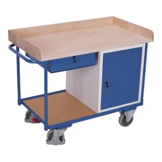 VARIOfit Werkstattwagen mit 2 Ladeflächen - Robuster Werkstattwagen aus Stahlrohr mit 1 Schrank und 1 Schublade, ideal für Werkstätten. Hohe Traglast von 400 kg und praktische Schiebegriff für einfache Mobilität.