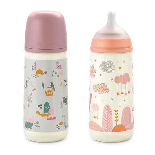 Suavinex, 2er- Pack, Babyflaschen 360 ml mit physiologischem Sauger SX Pro aus Silikon, mit Anti-Colic-Ventil, schnellem Nahrungsfluss (L), für Babys +6 Monate, Dreams Pink