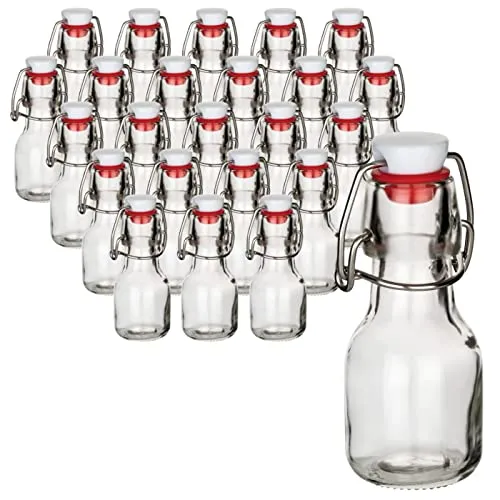 gouveo 24er Set Glasflaschen 60 ml rund mit Bügelverschluss - Vorratsgläser: 24 Mini Bügelflaschen (60 ml) ideal zum Befüllen mit Likör, Sirup oder Öl, aromadicht und wiederverwendbar, perfekt für Geschenke und Dekoration!
