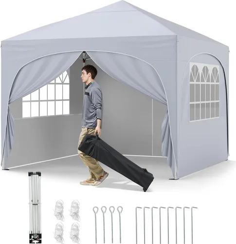 GOPLUS 3 x 3 m Pop-up-Pavillon mit Seitenwänden - Pavillons & Partyzelte - Praktischer Faltpavillon mit 4 abnehmbaren Seitenwänden für individuelle Nutzung und optimalen Sonnenschutz dank reißfestem Oxford-Gewebe mit Silberbeschichtung.