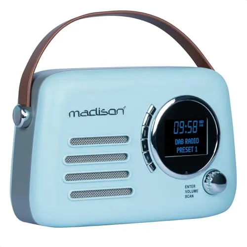 Madison - FREESOUND-VR30BL-DAB - Vintage DAB+ Radio mit Langer Akkulaufzeit - DAB+, FM, Bluetooth & USB - Subwoofer auf der Rückseite - Blau matt - Vintage, Nostalgie, Retro