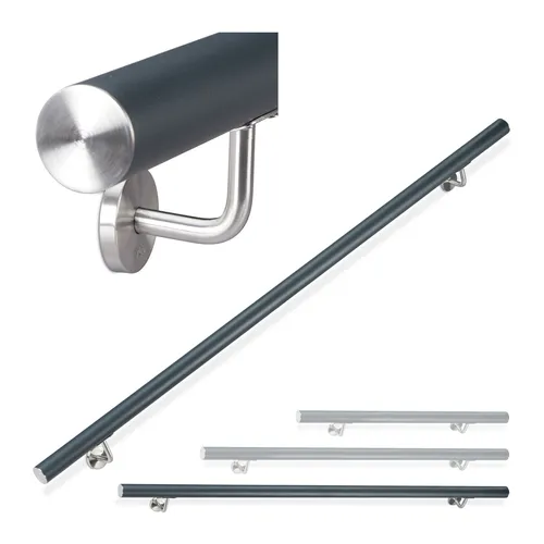 Relaxdays Handlauf Aluminium anthrazit 200 cm - Handlauf für Innen- & Außenbereich, mattes Design in Anthrazit, runder Griff für sicheren Halt beim Treppensteigen, inklusive Wandhalterung und Montagezubehör.