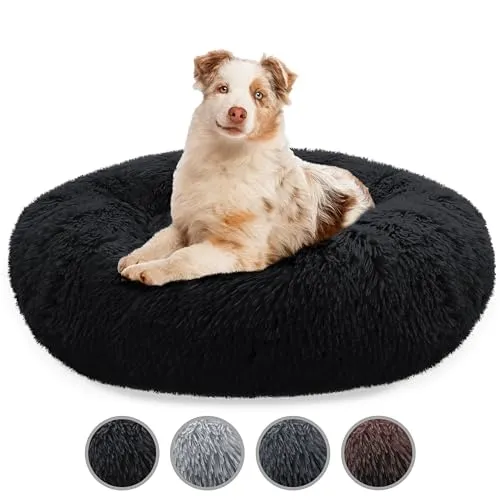bluzelle Hundebett Große Hunde, 100cm Hundekissen Rund Donut Kissen Hundekorb Flauschig Plüsch, Ergonomisch Bezug Waschbar rutschfest Weich Kuschelig Kunstfell, Farbe:Schwarz