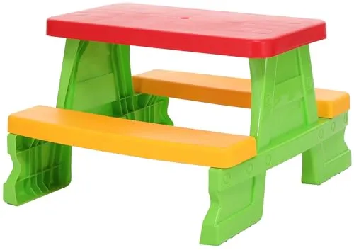 Dohany Garten-Kindersitzgruppe - Gartenmöbel-Set für Kinder, ideal für Picknicks im Freien mit 4 Sitzflächen und robustem Kunststoffmaterial in fröhlichem Grün.