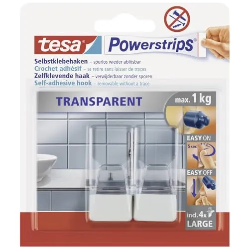 tesa Powerstrips Haken, transparent/weiß, für max. 1kg, Packung mit 2 Haken