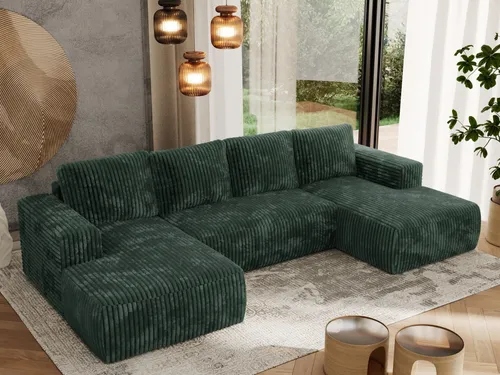 MKS MEBLE Sofa mit Schlaffunktion - Trentino U - Grün Cord - Ecksofa mit Schlaffunktion und Bettkasten, ideal für Familien, bietet optimalen Komfort durch hochwertige Polsterung und großzügigen Stauraum für Bettwäsche.