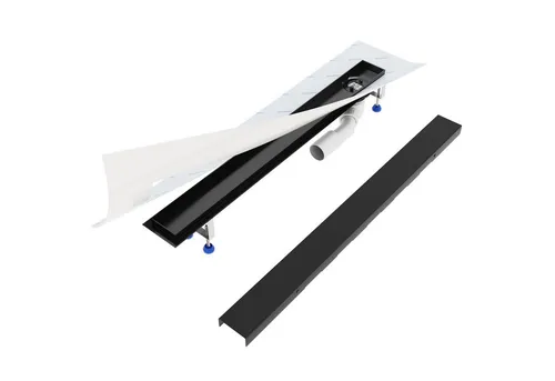 Aquabad® Duschvorhang SDS Schwarzmatt Edelstahl Duschablauf, Haarsieb, Viega-Siphon Breite 6,6 cm (Komplett-Set), Blende: Bord
