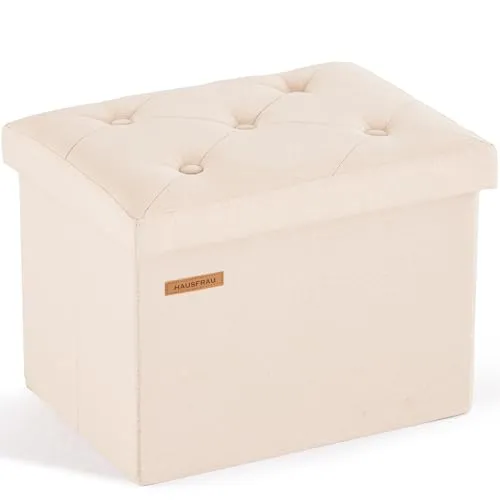 HAUSFRAU Sitzhocker mit Stauraum kleine Sitzbank Hocker klappbar Aufbewahrungsbox, bis 130 kg belastbar, Fußbank für Wohnzimmer Schlafzimmer Flur, 42x31x31 cm, Leinen Beige