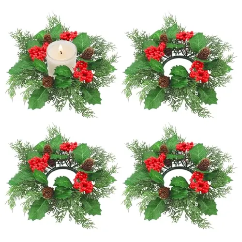 Stück Ringe für Weihnachtskerzen 25cm Kerzenkranz Adventskranz Kerzenhalter Adventskranz Künstlich mit Kerzen Rote Beeren Tannenzapfen für Weihnachtliche Tischdekoration 4
