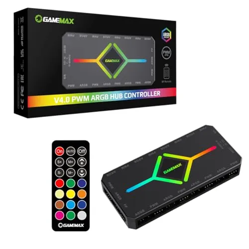 GAMEMAX V4.0 Gehäuselüfter-Hub – 9-Port-PWM-Lüfterverteiler mit RF-Fernbedienung und SATA-Stromversorgung, Schwarz