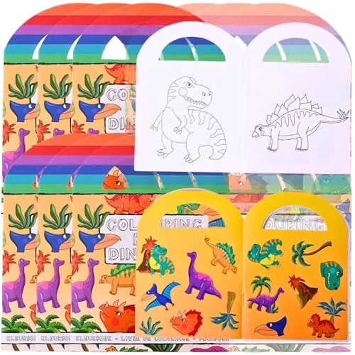 TE-Trend 12 Stück Dinosauerier Mini Malblock Dino Malbuch Kinder Set mit je 15 Sticker als Mitgebsel oder Mitbringsel bestens geeignet.