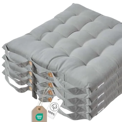 Homescapes 4er Set Stuhlkissen 40x40 cm grau – Sitzkissen Outdoor/Indoor mit Baumwollbezug, Sitzpolster waschbar und Oeko-TEX-Zertifiziert für Esszimmer-, Küchen- & Gartenstühle