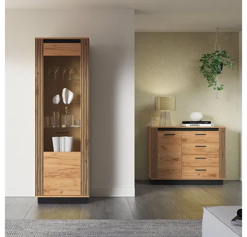 Lomadox Wohnzimmer-Set URBANIA-131 – Mega-Spar-Set (2-Stück) - Stylisches Wohnzimmer-Set mit Vitrine und Sideboard in eleganter Eichenoptik und braunen Akzenten. Ideal für eine moderne Einrichtung, selbstmontierbar und platzsparend.