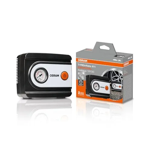 OSRAM TYREinflate 611 ESSENTIAL, analoger Reifenfüller, Reifenfüllung in 4,5 Minuten, 60 cm langer Schlauch, Adapter inklusiv