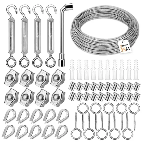USHOP Drahtseil Edelstahl Set 66pcs,35m/3mm Stahlseil für Rankhilfe mit M5 Spannschloss Seilspanner,304 Edelstahl Drahtseil Spanndraht,Drahtseilklemme,Ösenschraube,Drahtseil Set,Alu Seilklemmen