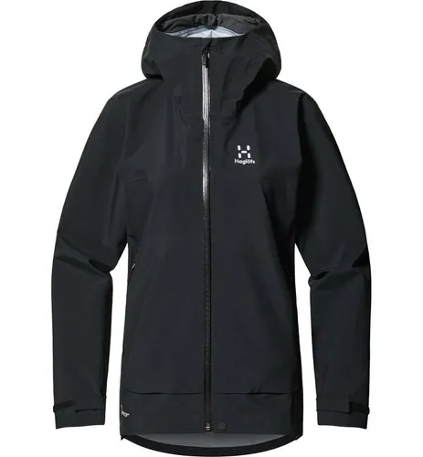Haglöfs Regenjacke Schwarz XS - Wasserabweisende und atmungsaktive Regenjacke aus 90% recyceltem Polyester, ideal für Outdoor-Aktivitäten. Größe XS, lange Ärmel, perfekt für wechselhaftes Wetter.