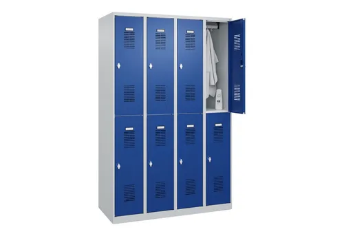 CP-Möbel Spind Basis PLUS, blau, 4 Abteile - Büromöbel mit 4 Abteilen und 8 Fächern, ideal für 8 Personen. Stabile Stahlkonstruktion mit hochwertiger Pulverbeschichtung und sicherem Drehriegelschloss. Lieferung komplett montiert, Made in Germany.