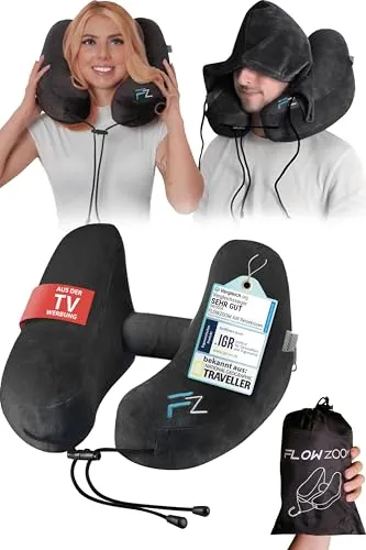 FLOWZOOM Nackenhörnchen AIR – Aufblasbares Nackenkissen für Reisen - Ergonomisches Nackenkissen für Flugzeug, Zug und Auto. Mit abnehmbarem, waschbarem Bezug und inklusive Ohrstöpsel für entspannte Reisen.